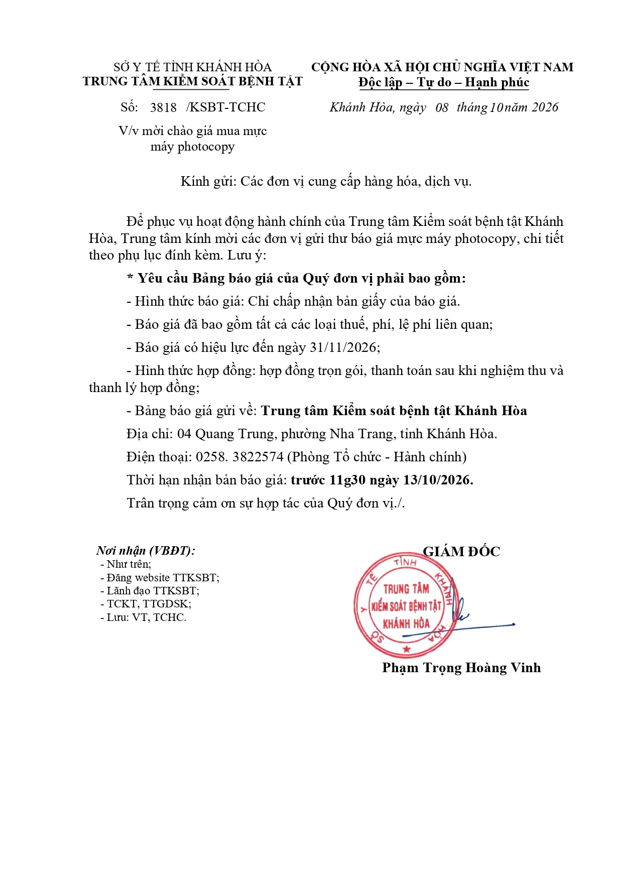 V/v mời chào giá mua mực máy photocopy